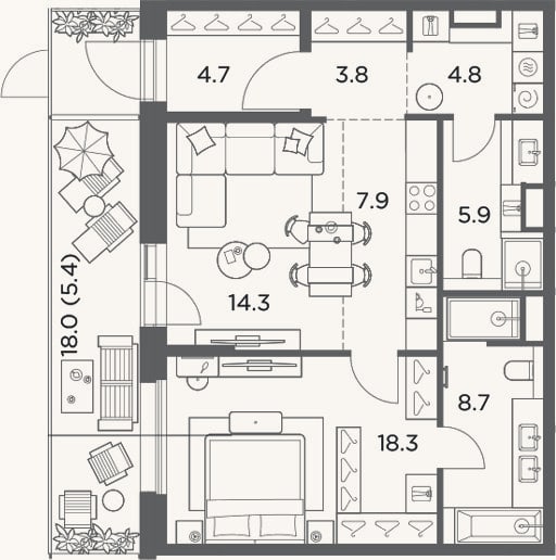 Планировка: 2-к, 68,4 м²