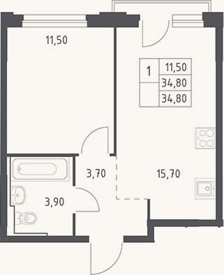 Планировка: 2-к, 34,8 м²