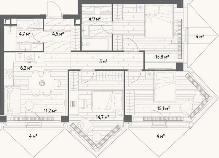 Планировка: 4+ к, 82,1 м²
