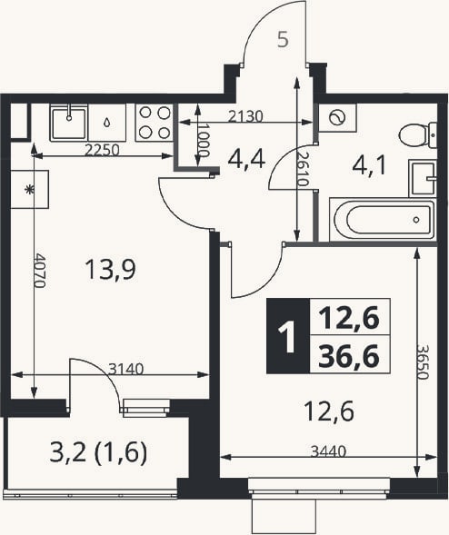 Планировка: 1-к, 35 м²