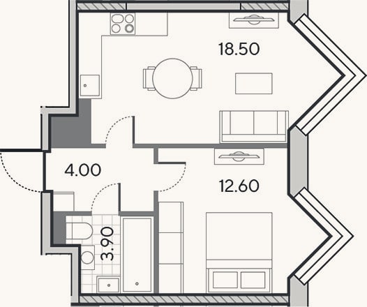 Планировка: 2-к, 39 м²