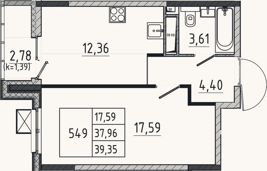 Планировка: 1-к, 38 м²
