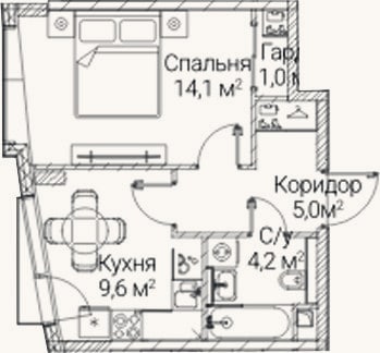Планировка: 1-к, 33,9 м²