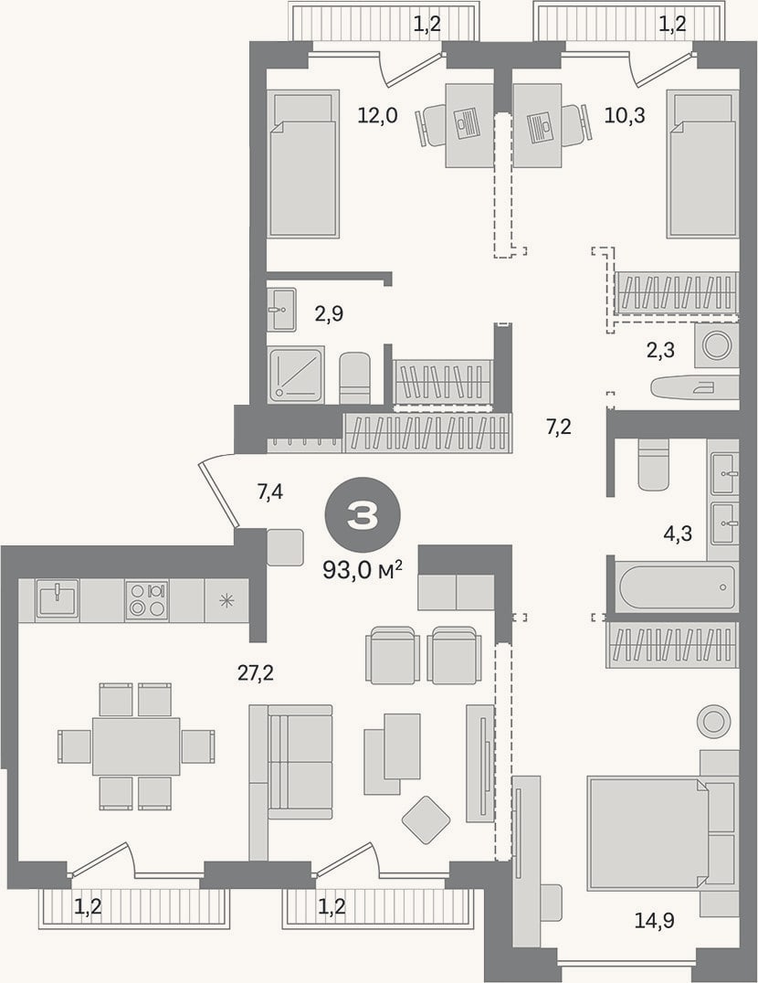 Планировка: 3-к, 88,2 м²