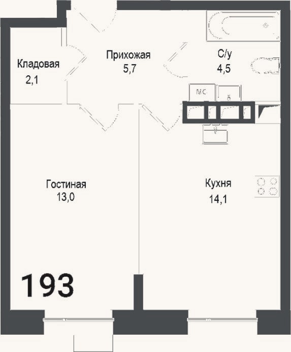 Планировка: 1-к, 39,4 м²