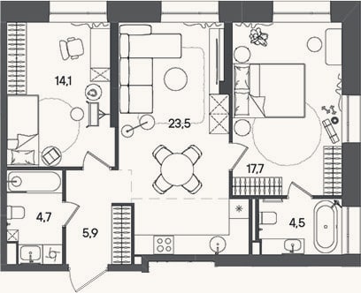 Планировка: 3-к, 70,4 м²
