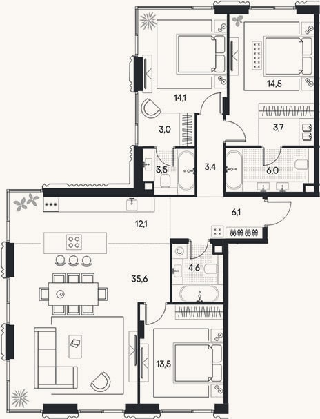 Планировка: 4+ к, 120,1 м²