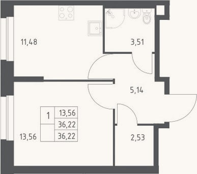 Планировка: 1-к, 36,2 м²