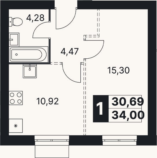Планировка: 1-к, 34 м²