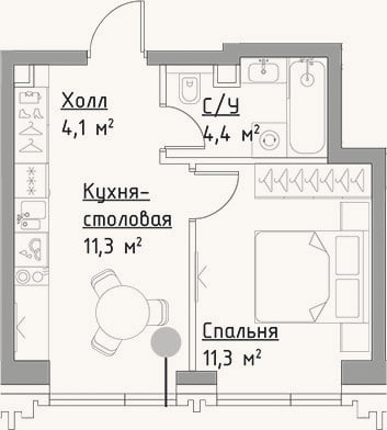 Планировка: 1-к, 31,1 м²