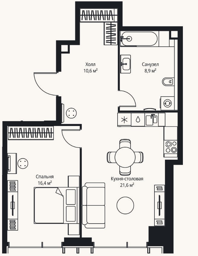 Планировка: 2-к, 57,5 м²