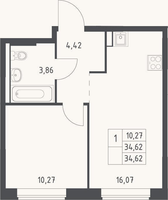 Планировка: 2-к, 34,6 м²