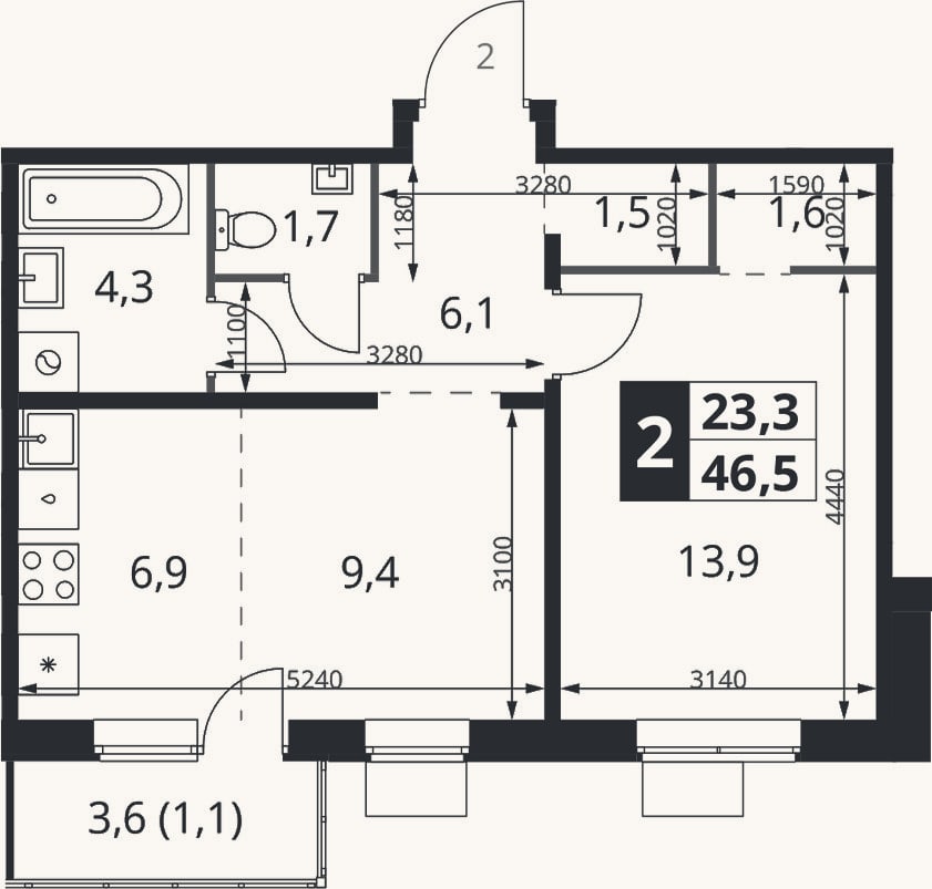 Планировка: 2-к, 45,4 м²