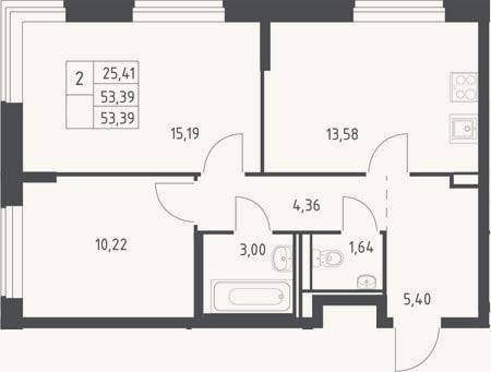 Планировка: 2-к, 53,4 м²