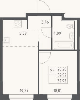 Планировка: 2-к, 32,9 м²