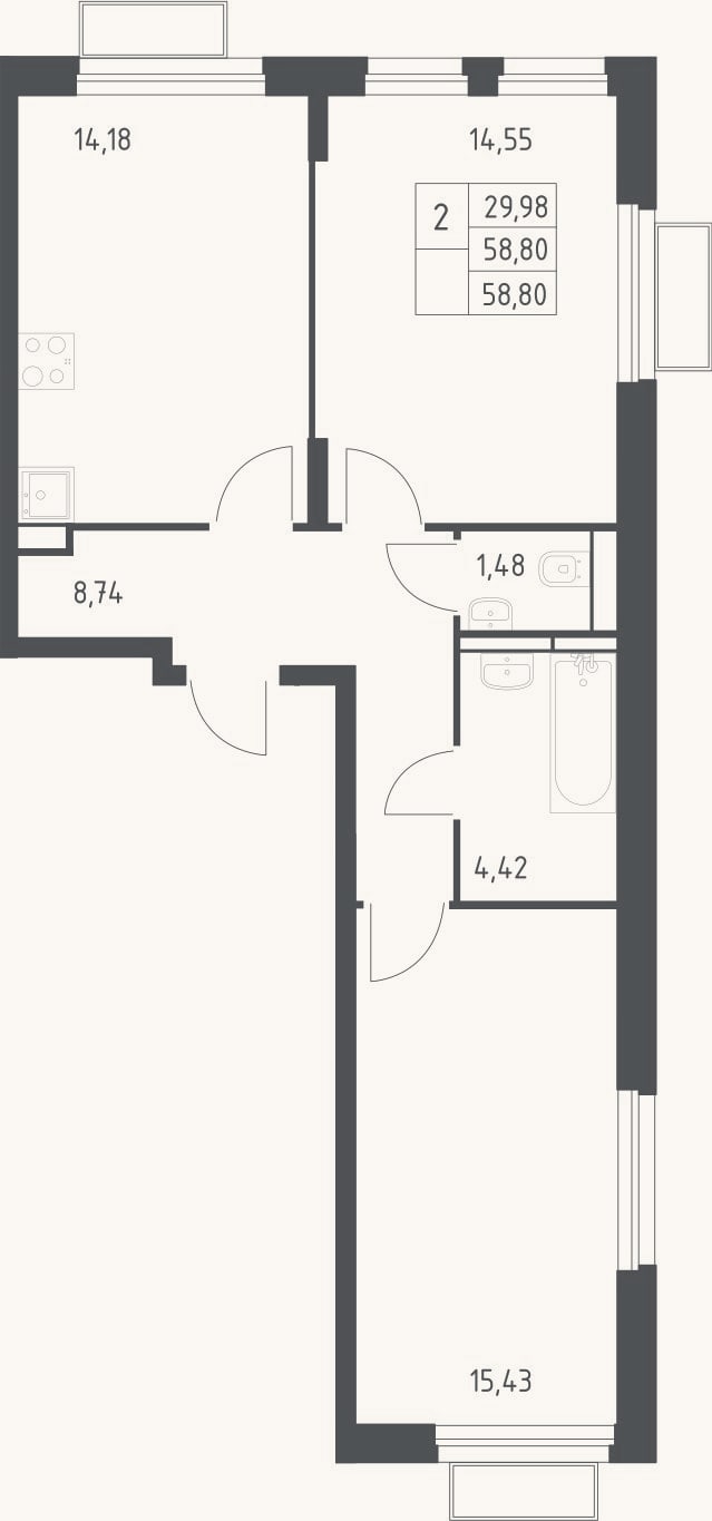 Планировка: 2-к, 58,8 м²