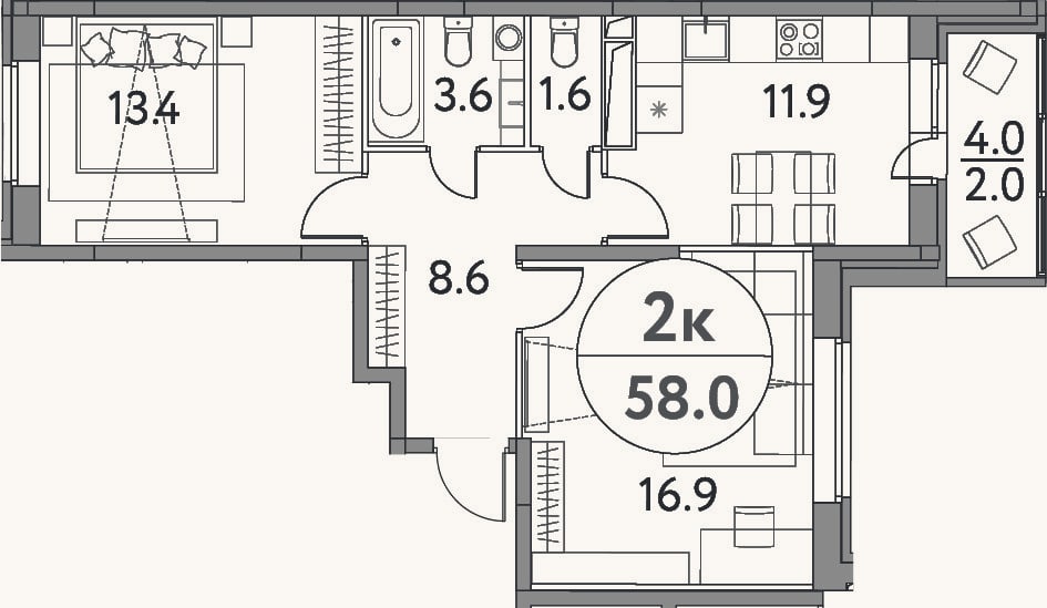 Планировка: 2-к, 56 м²
