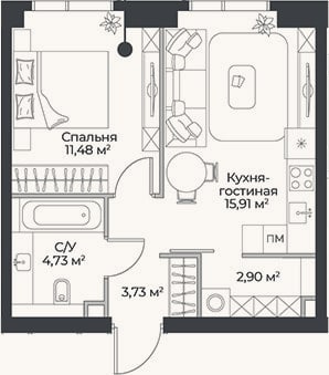 Планировка: 2-к, 38,8 м²