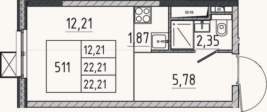 Планировка: Студия, 22,2 м²