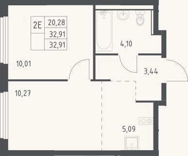 Планировка: 2-к, 32,9 м²