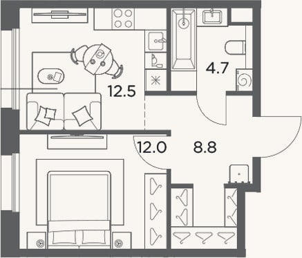 Планировка: 1-к, 38 м²