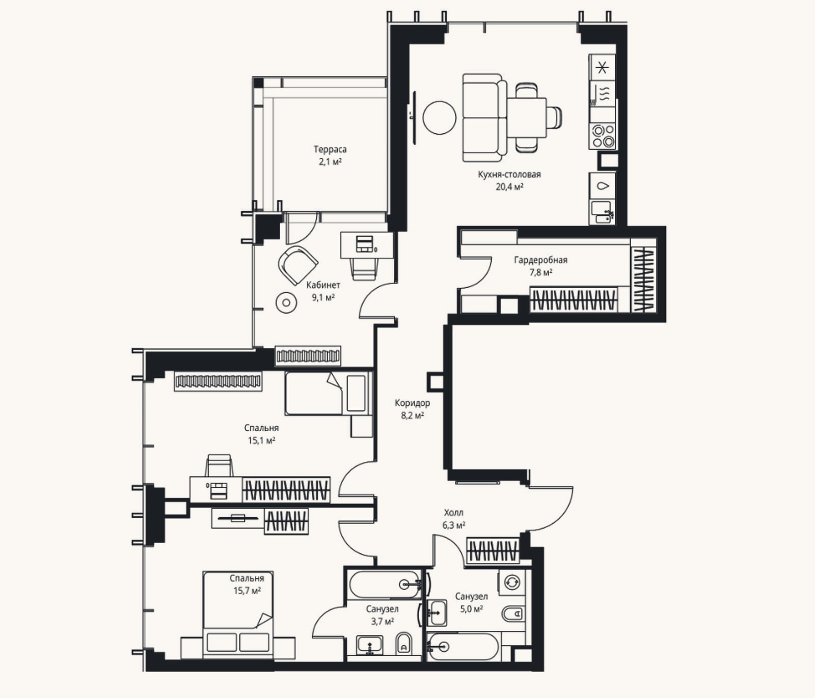 Планировка: 4+ к, 91,3 м²