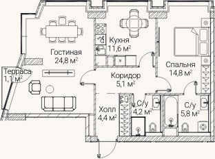 Планировка: 2-к, 69,5 м²