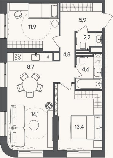 Планировка: 3-к, 65,6 м²
