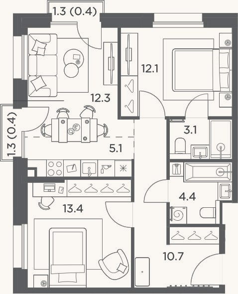 Планировка: 3-к, 61,1 м²