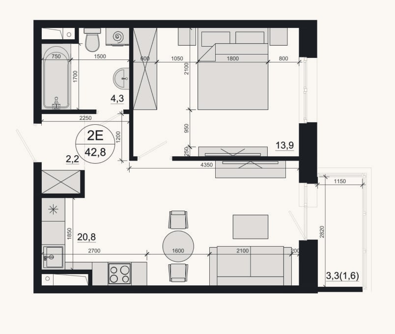 Планировка: 2-к, 41,2 м²