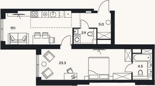Планировка: 2-к, 54,8 м²
