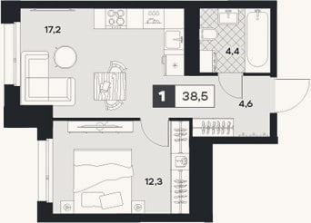 Планировка: 1-к, 38,5 м²