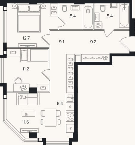 Планировка: 3-к, 71 м²