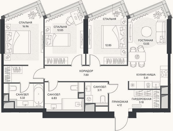 Планировка: 4+ к, 91,5 м²