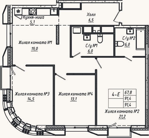 Планировка: 4+ к, 91,4 м²