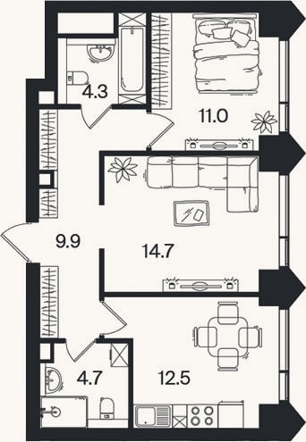 Планировка: 2-к, 57,1 м²
