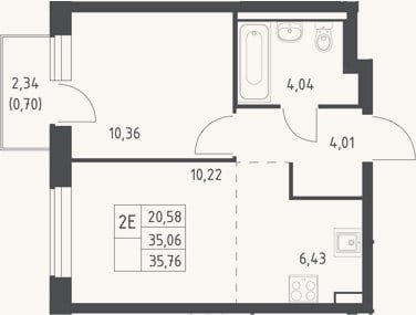 Планировка: 2-к, 35,1 м²