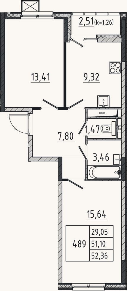 Планировка: 2-к, 51,1 м²