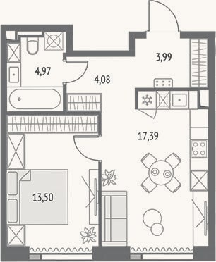 Планировка: 2-к, 43,9 м²