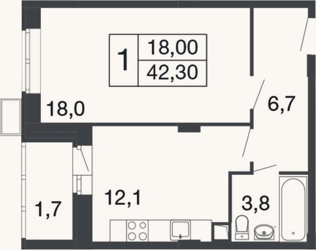 Планировка: 1-к, 40,6 м²