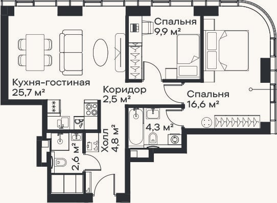 Планировка: 3-к, 66,4 м²