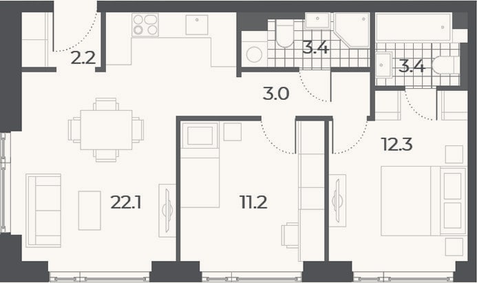 Планировка: 3-к, 57,6 м²