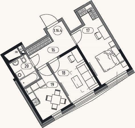 Планировка: 2-к, 52,5 м²