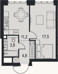 Планировка: 1-к, 37,4 м²