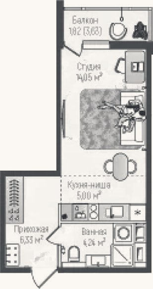 Планировка: Студия, 29,6 м²