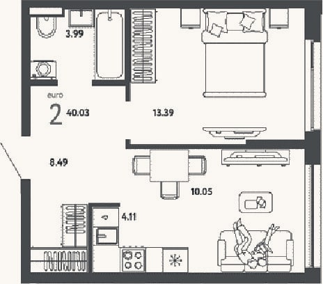Планировка: 2-к, 40 м²