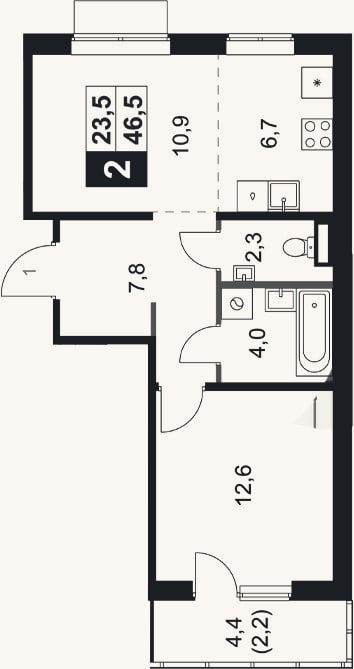 Планировка: 2-к, 44,3 м²