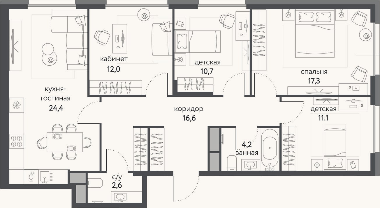 Планировка: 4+ к, 98,9 м²
