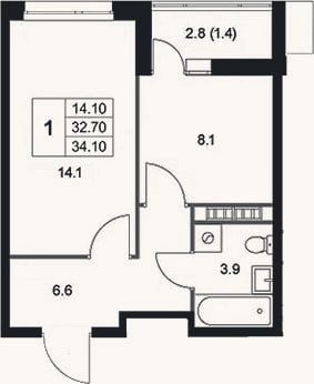 Планировка: 1-к, 32,7 м²