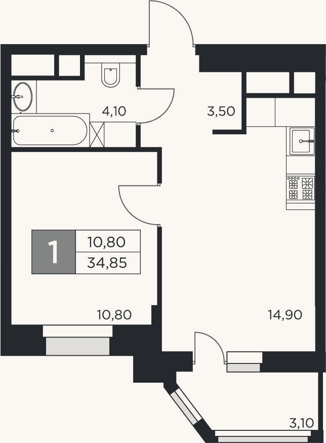 Планировка: 1-к, 33,3 м²